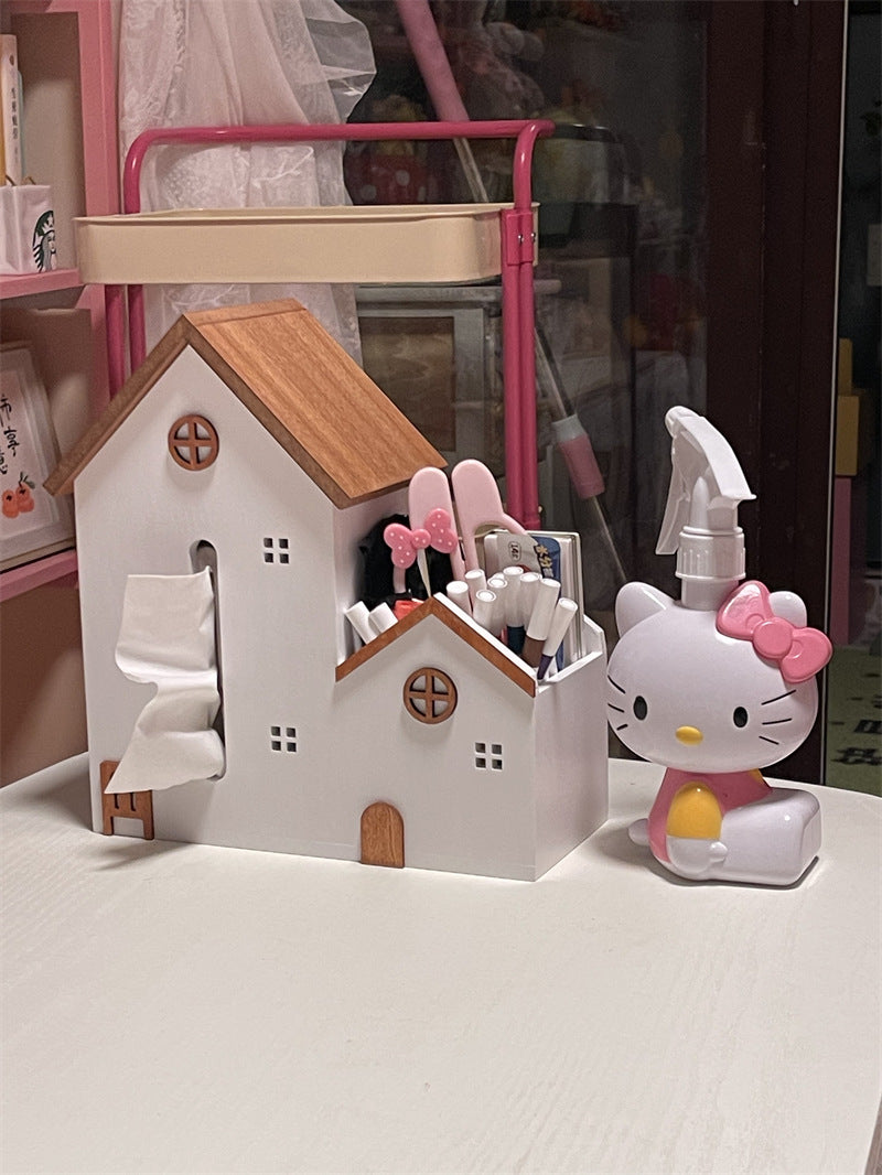 Creative Mini Wooden House Tissue Box, Desktop Storage Box