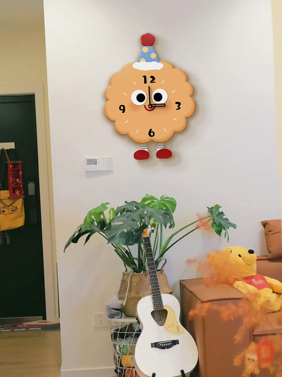 Cute cartoon biscuit wall clock  with smiley face, children's room decoration