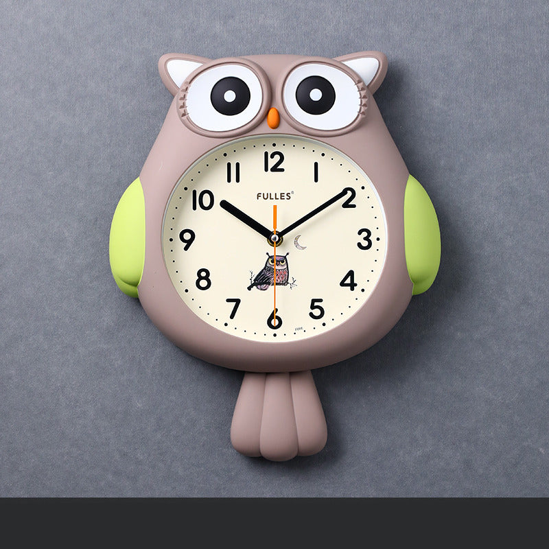 Cute cartoon owl wall clock with wagging tail,  children's room decoration