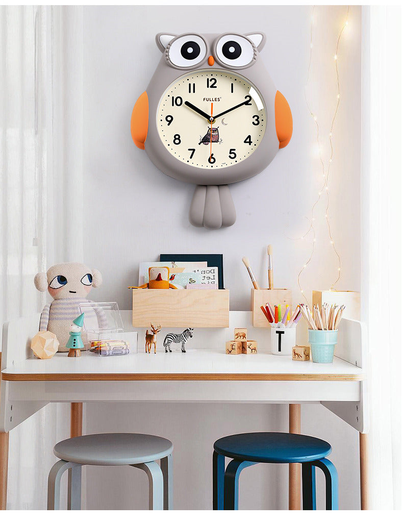 Cute cartoon owl wall clock with wagging tail,  children's room decoration