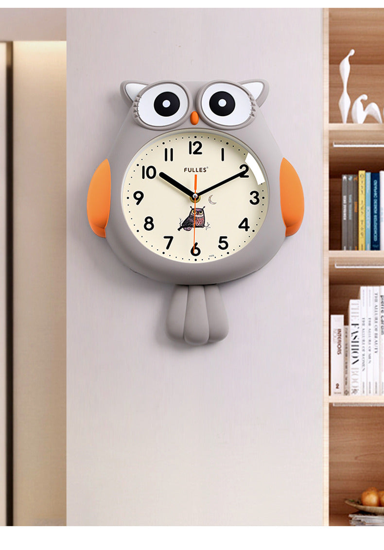 Cute cartoon owl wall clock with wagging tail,  children's room decoration