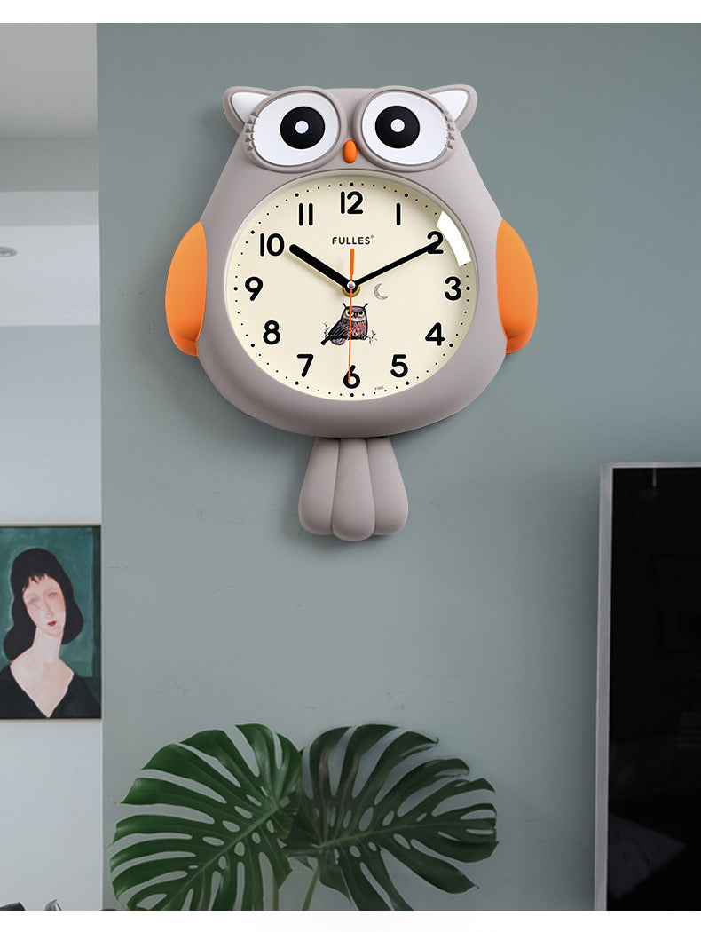 Cute cartoon owl wall clock with wagging tail,  children's room decoration