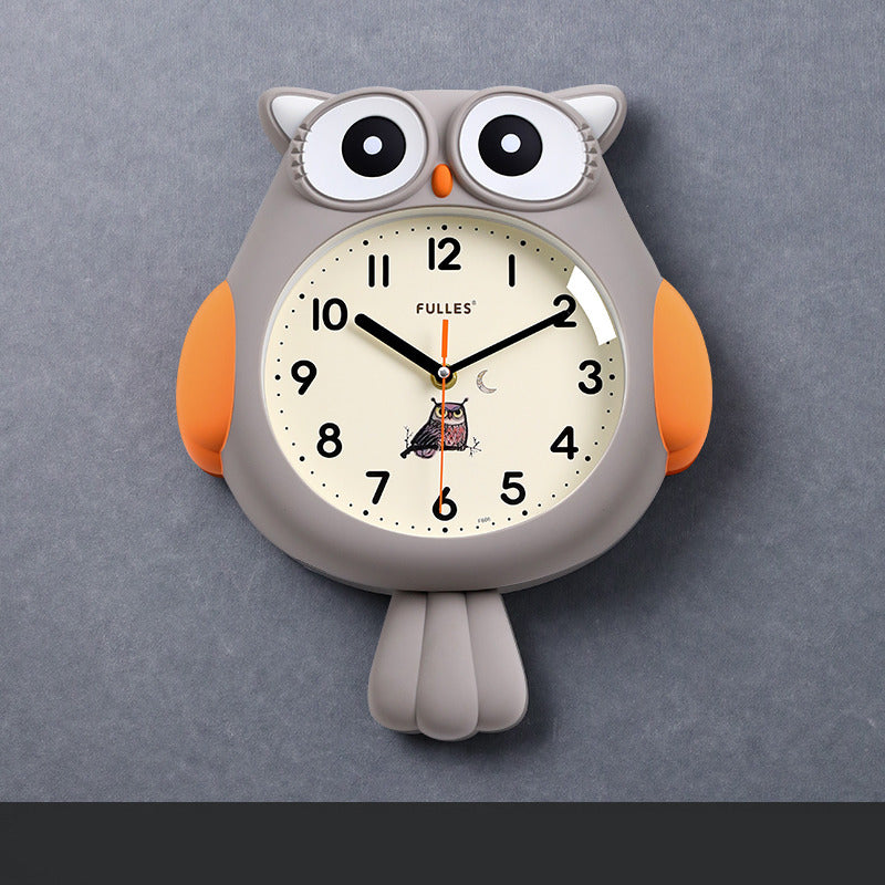 Cute cartoon owl wall clock with wagging tail,  children's room decoration