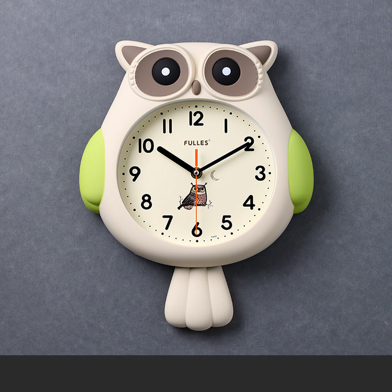 Cute cartoon owl wall clock with wagging tail,  children's room decoration