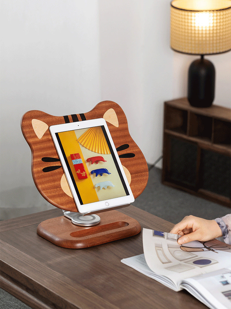 Cute Cat Wooden Reading Stand, Rotatable Ipad Holder,Office Gift