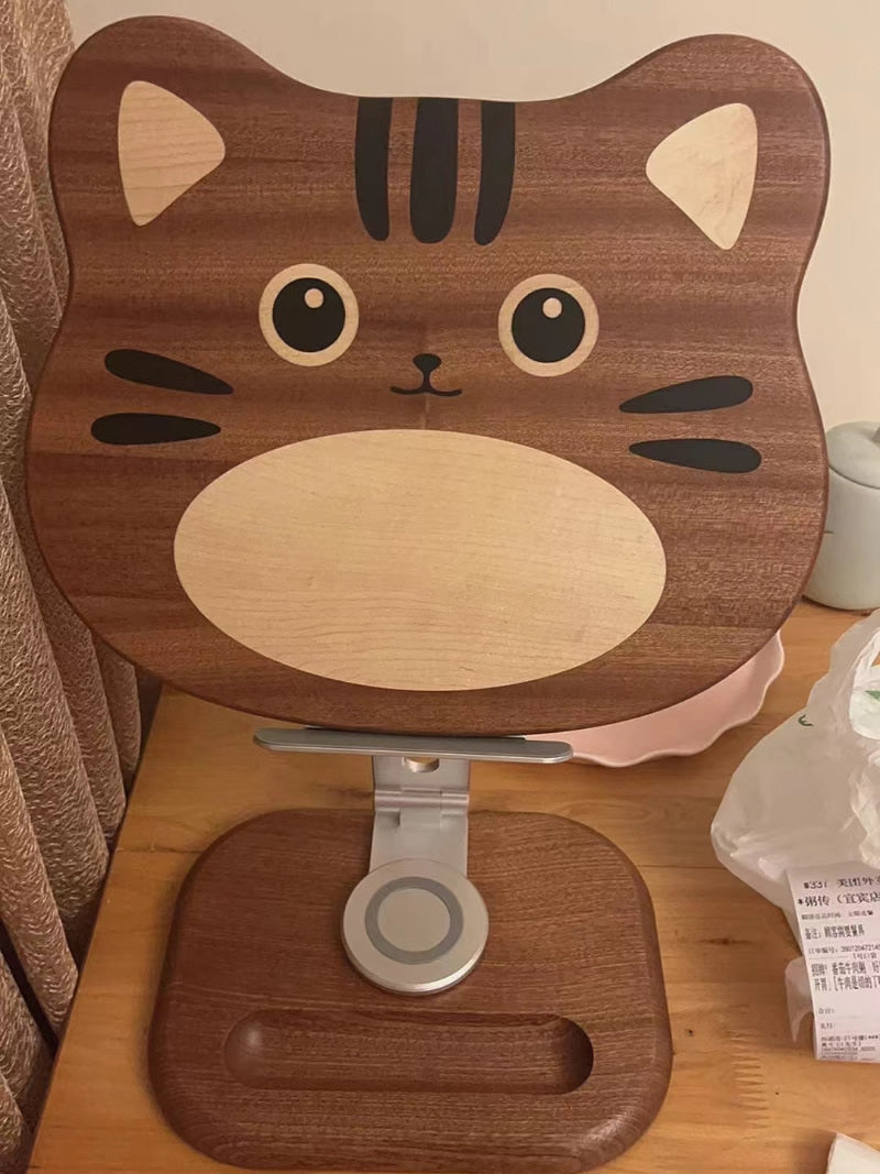 Cute Cat Wooden Reading Stand, Rotatable Ipad Holder,Office Gift