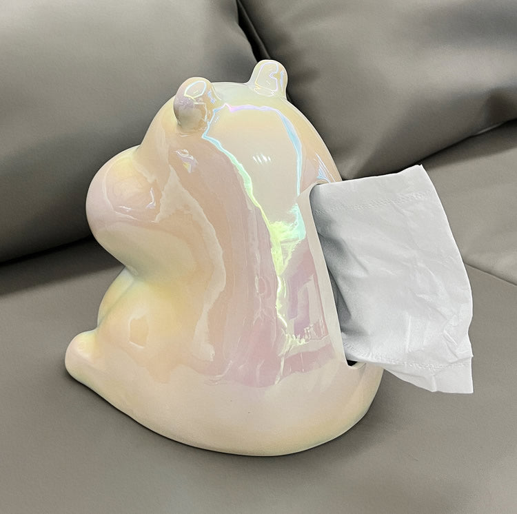 Cute Ceramic Bow Hippopotamus Tissue Box, Fun Desktop Decoration