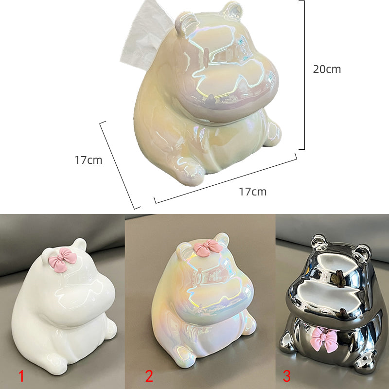 Cute Ceramic Bow Hippopotamus Tissue Box, Fun Desktop Decoration