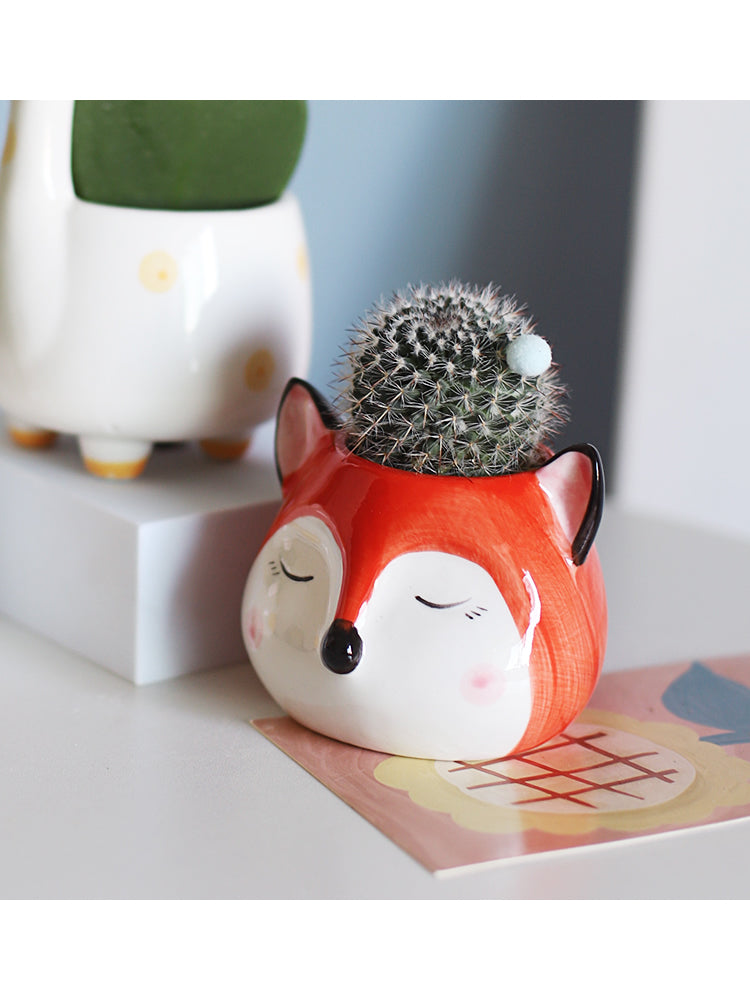 Cute Fox Ceramic Small Flower Pot, Plant Decorative Small Pot