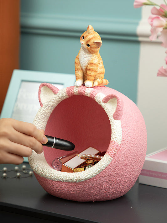 Cute Orange Cat Pink Bed Desktop Organizer Storage Rack