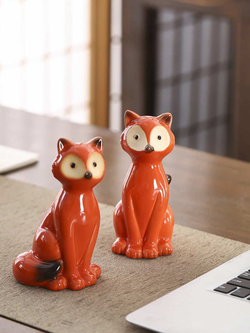 Cute orange ceramic mini fox figurine, holiday decoration gift