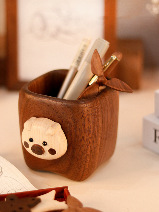 Cute Pig Face Wooden Pen Holder - Office Decor and Gift Idea