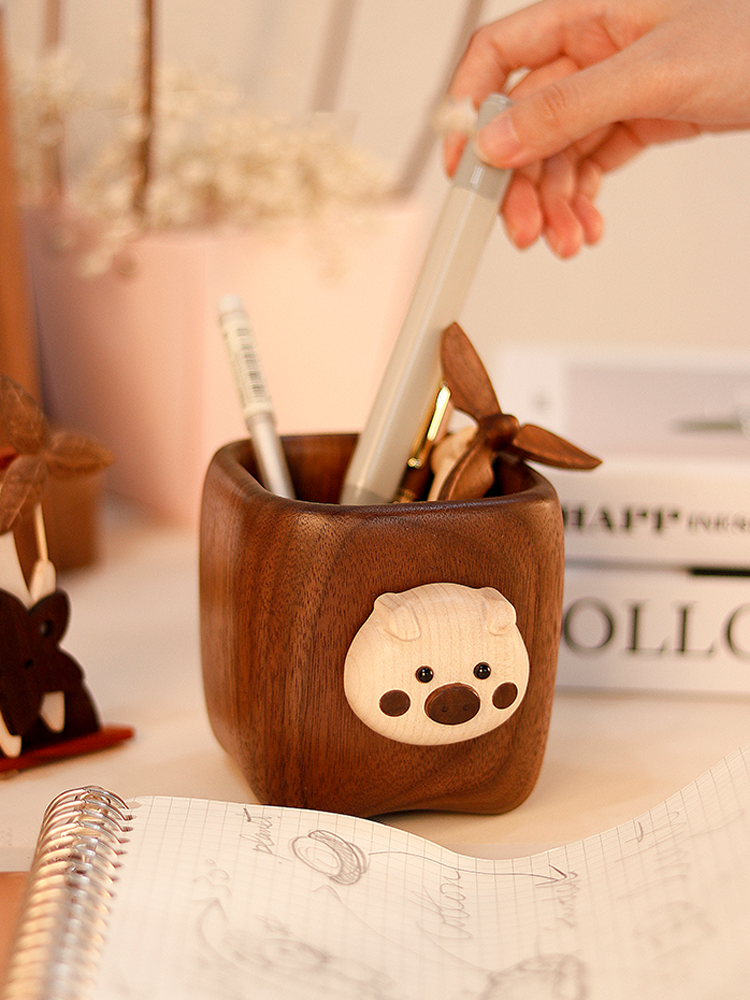 Cute Pig Face Wooden Pen Holder - Office Decor and Gift Idea