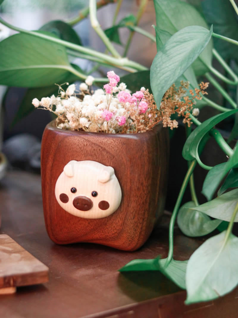 Cute Pig Face Wooden Pen Holder - Office Decor and Gift Idea