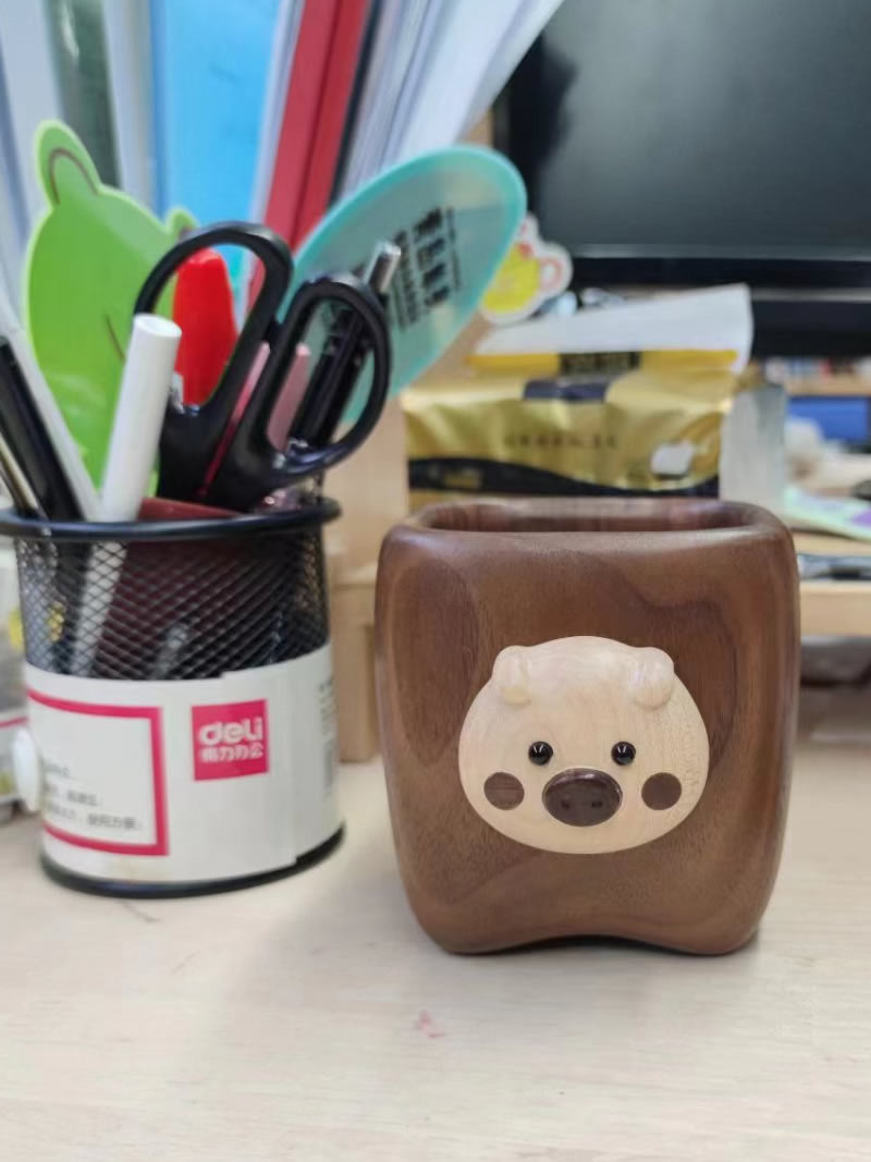 Cute Pig Face Wooden Pen Holder - Office Decor and Gift Idea