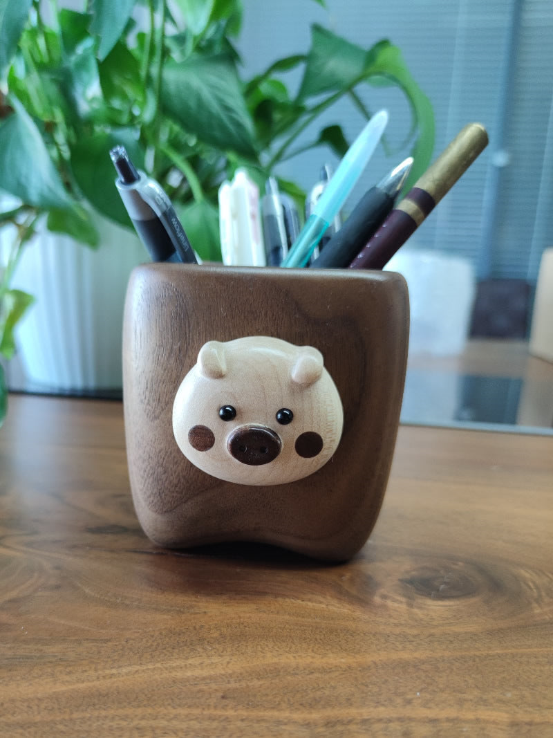 Cute Pig Face Wooden Pen Holder - Office Decor and Gift Idea