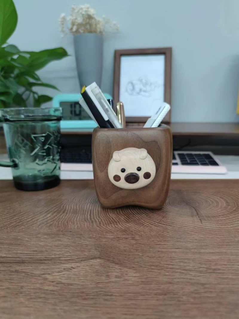 Cute Pig Face Wooden Pen Holder - Office Decor and Gift Idea