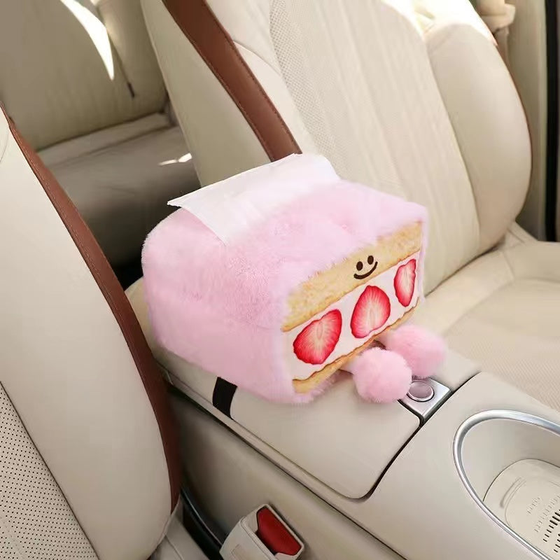 Cute Plush Cake Smiley Face Tissue Box, Car Facial Tissue Holder