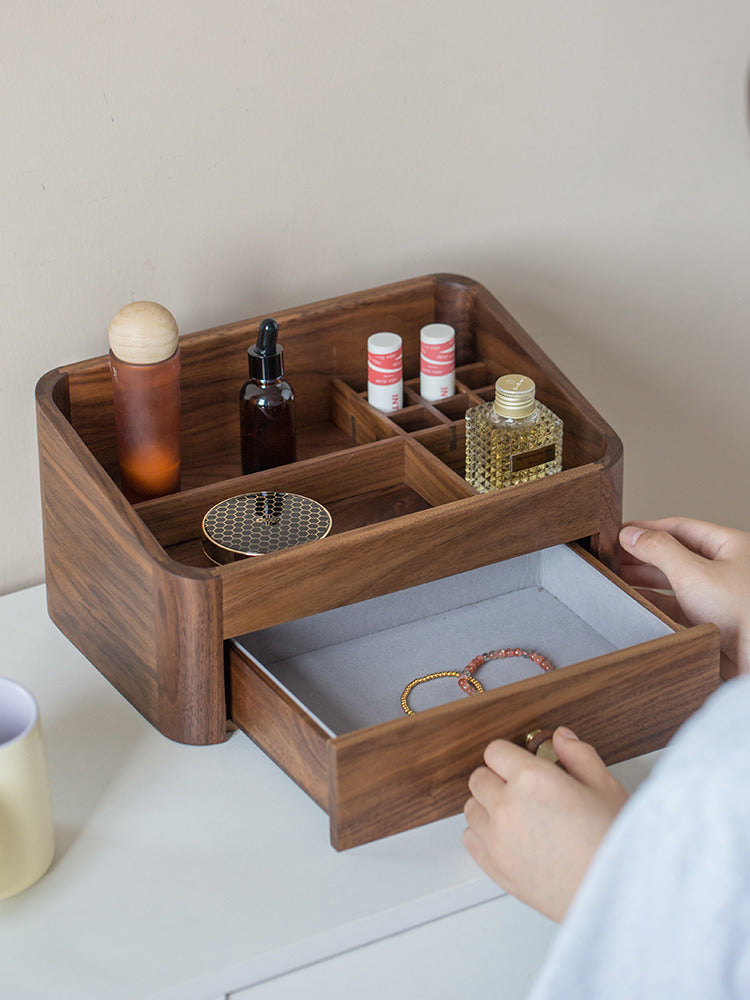 Desktop Multifunctional Wooden Storage Box With Drawer,Black Walnut Design