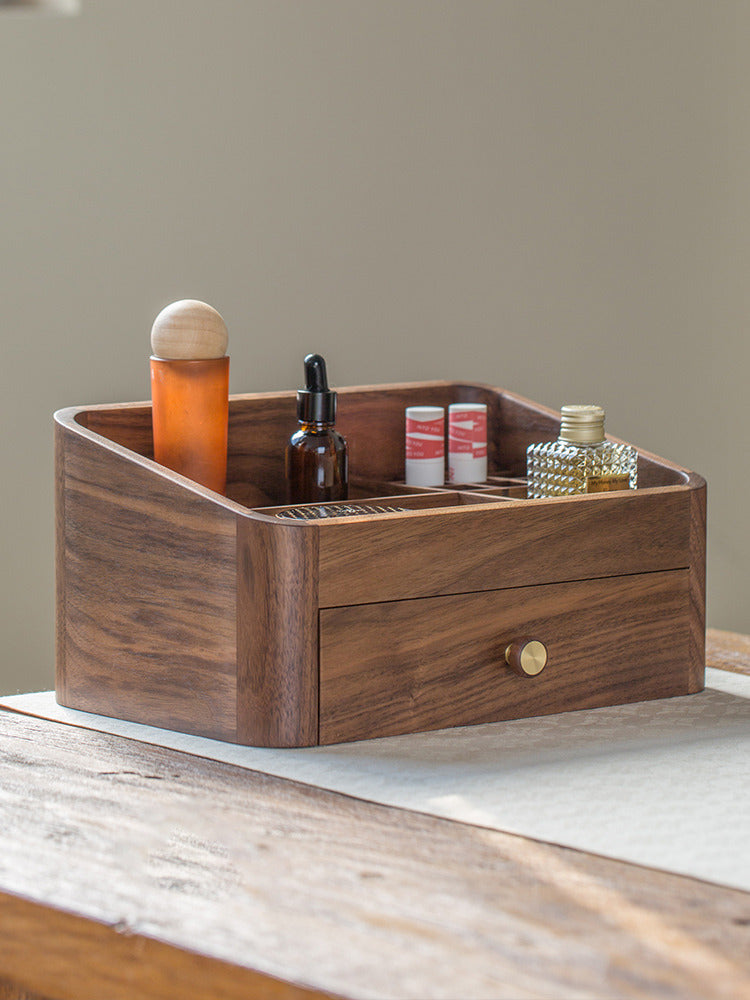 Desktop Multifunctional Wooden Storage Box With Drawer,Black Walnut Design