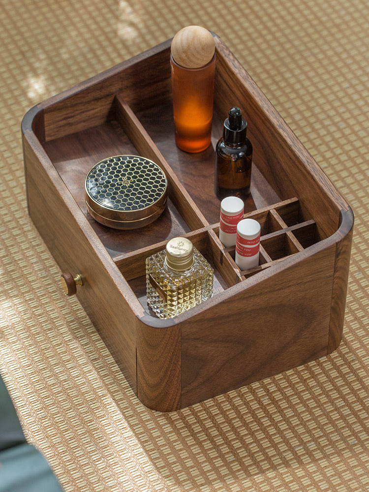 Desktop Multifunctional Wooden Storage Box With Drawer,Black Walnut Design