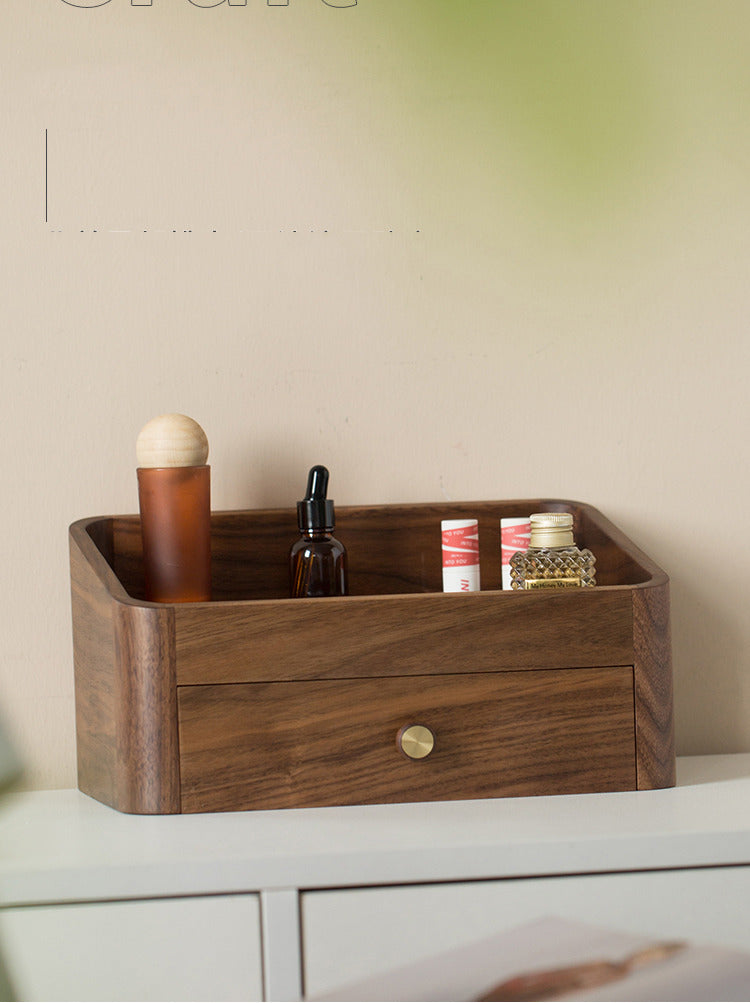 Desktop Multifunctional Wooden Storage Box With Drawer,Black Walnut Design