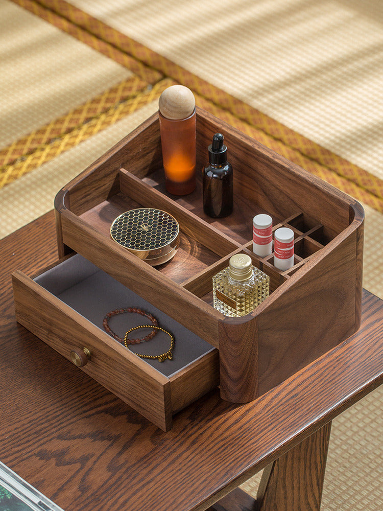 Desktop Multifunctional Wooden Storage Box With Drawer,Black Walnut Design