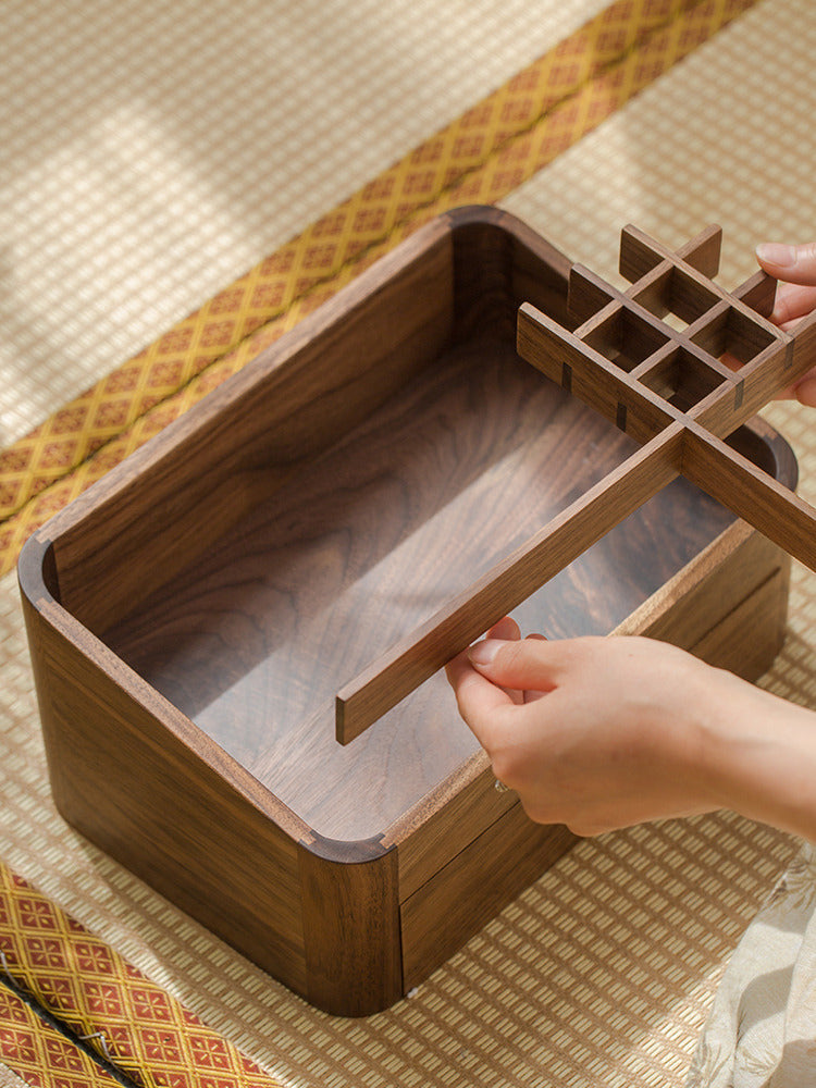 Desktop Multifunctional Wooden Storage Box With Drawer,Black Walnut Design