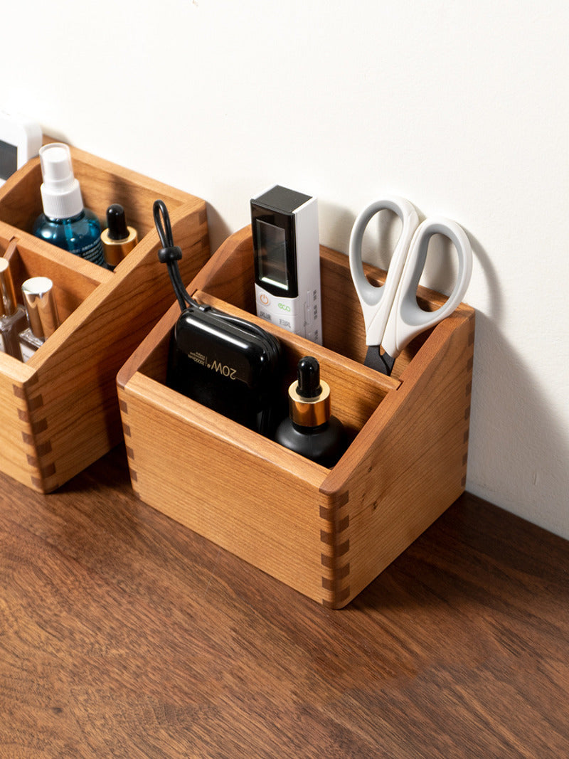 Desktop Wooden Two Grids Storage Box, Remote Control, Phone, Glasses Organize