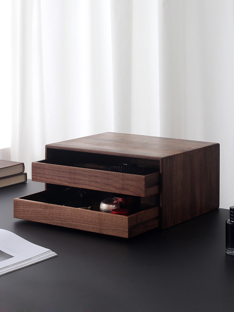 Double Drawer Black Walnut Desk Organizer - Wooden Office A4 File Storage