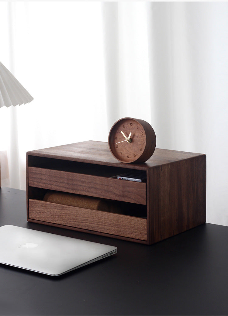 Double Drawer Black Walnut Desk Organizer - Wooden Office A4 File Storage