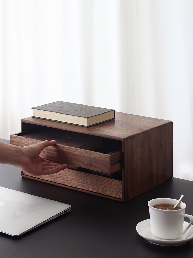 Double Drawer Black Walnut Desk Organizer - Wooden Office A4 File Storage