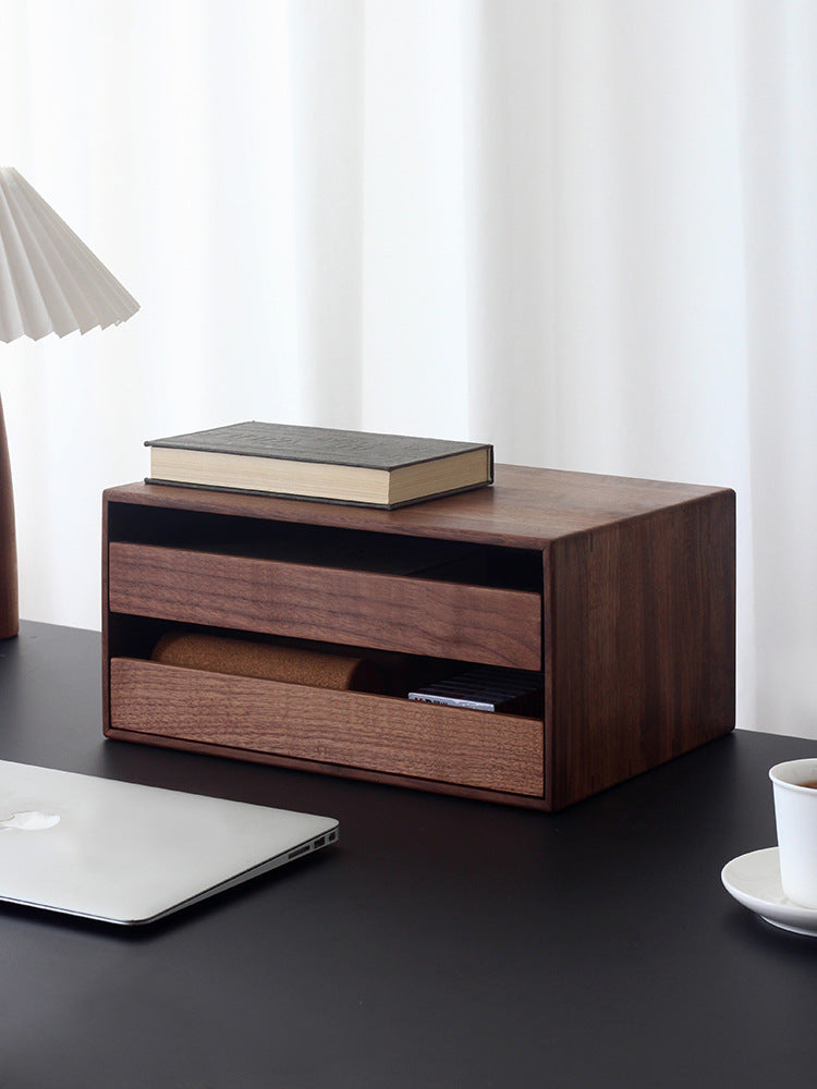 Double Drawer Black Walnut Desk Organizer - Wooden Office A4 File Storage