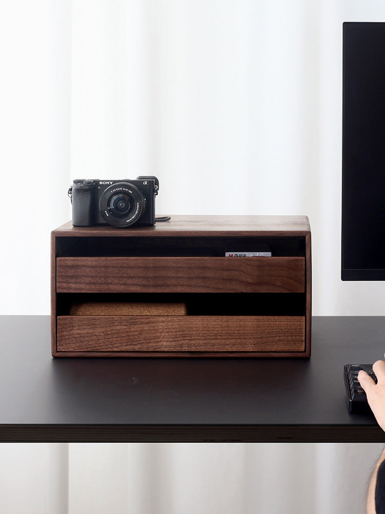 Double Drawer Black Walnut Desk Organizer - Wooden Office A4 File Storage