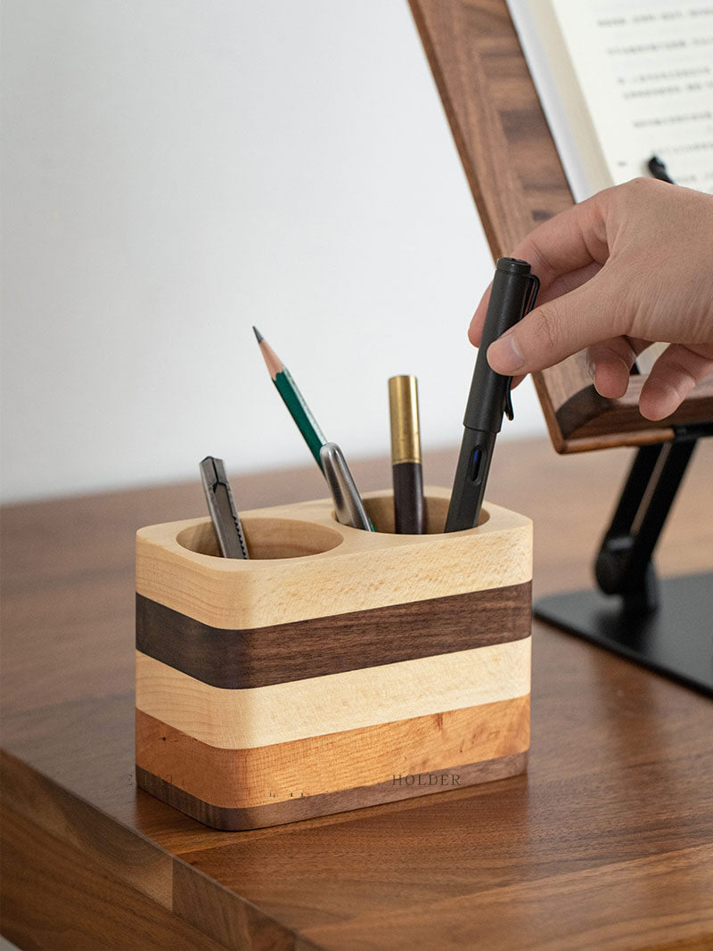 Exquisite Multi-Layered Wood Double-Hole Pen Holder, Ideal For Office Study Organization