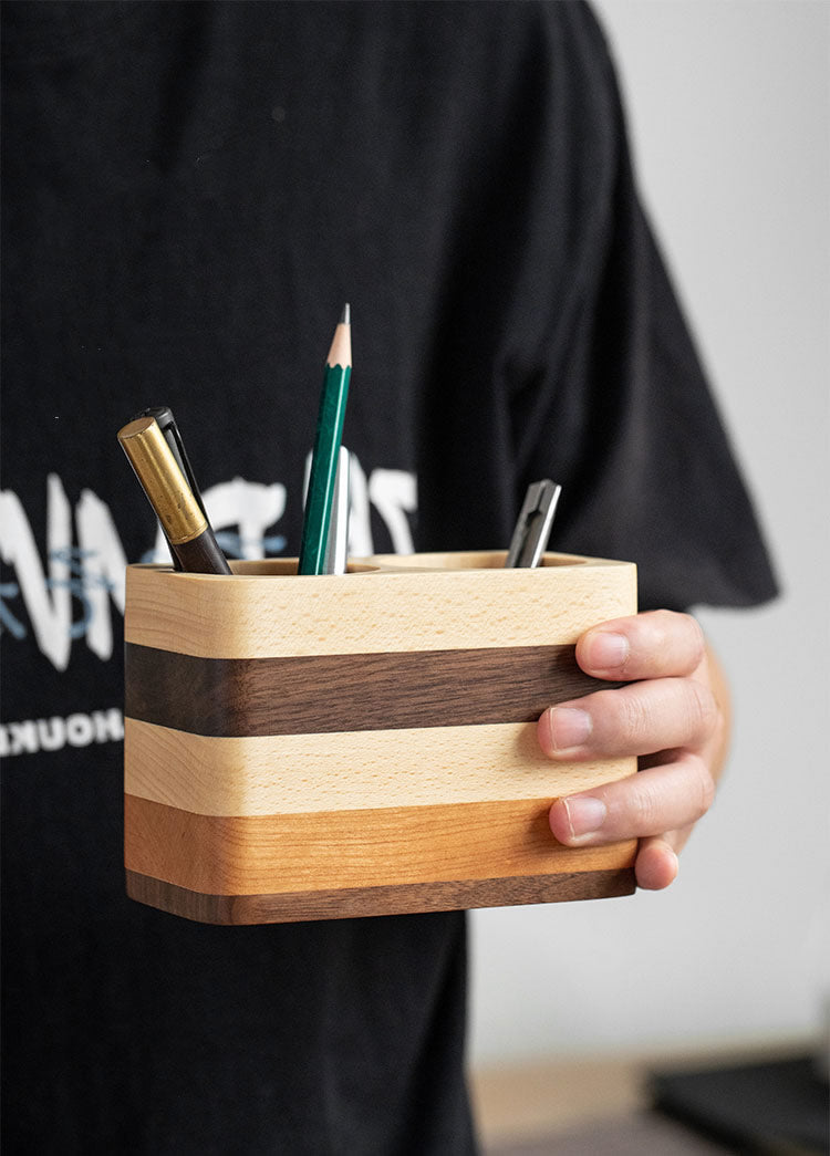 Exquisite Multi-Layered Wood Double-Hole Pen Holder, Ideal For Office Study Organization