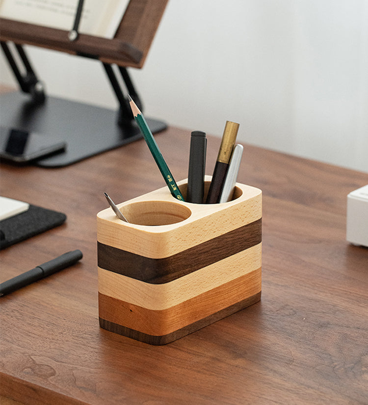 Exquisite Multi-Layered Wood Double-Hole Pen Holder, Ideal For Office Study Organization