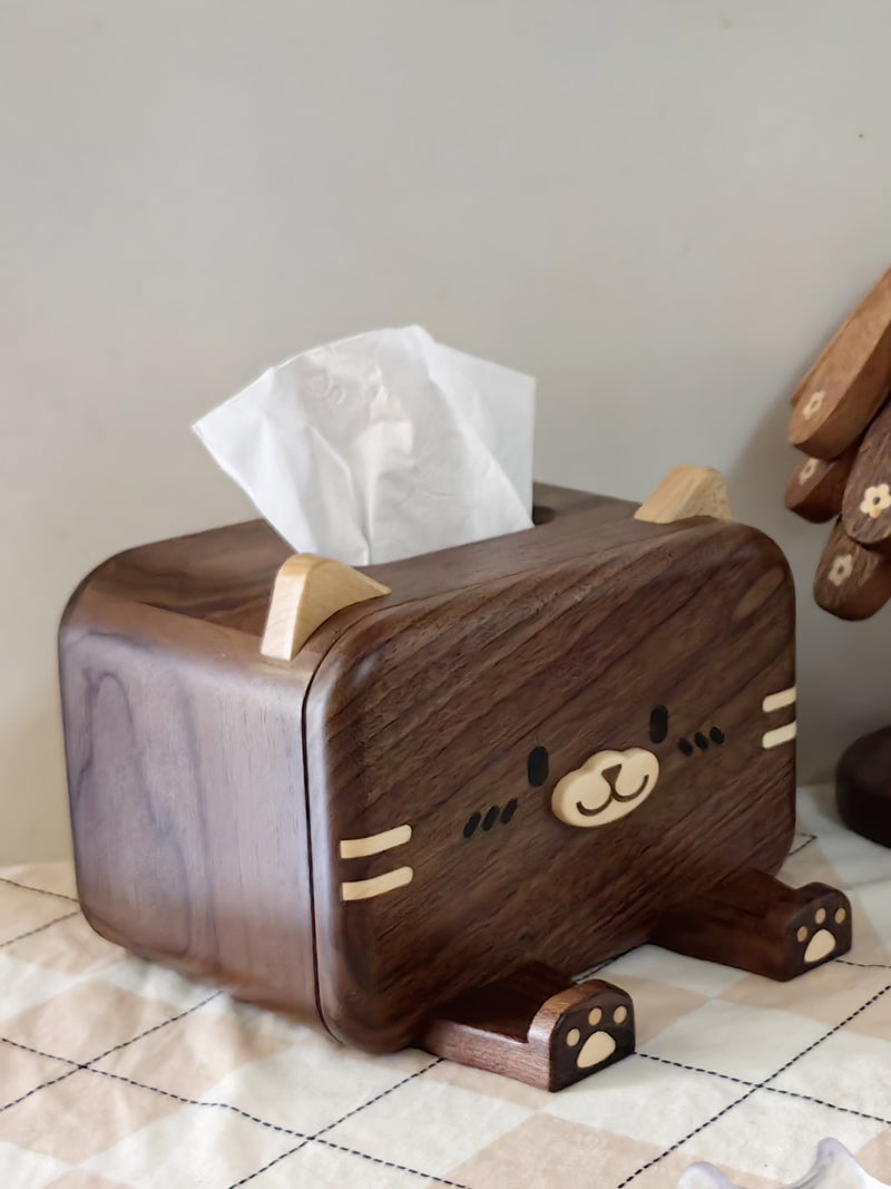 Exquisite Solid Wood Cat Tissue Box With Phone Holder, Creative Home Decoration