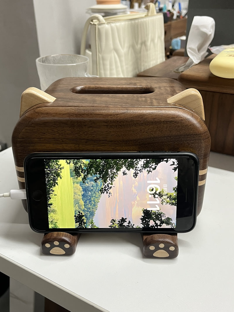 Exquisite Solid Wood Cat Tissue Box With Phone Holder, Creative Home Decoration