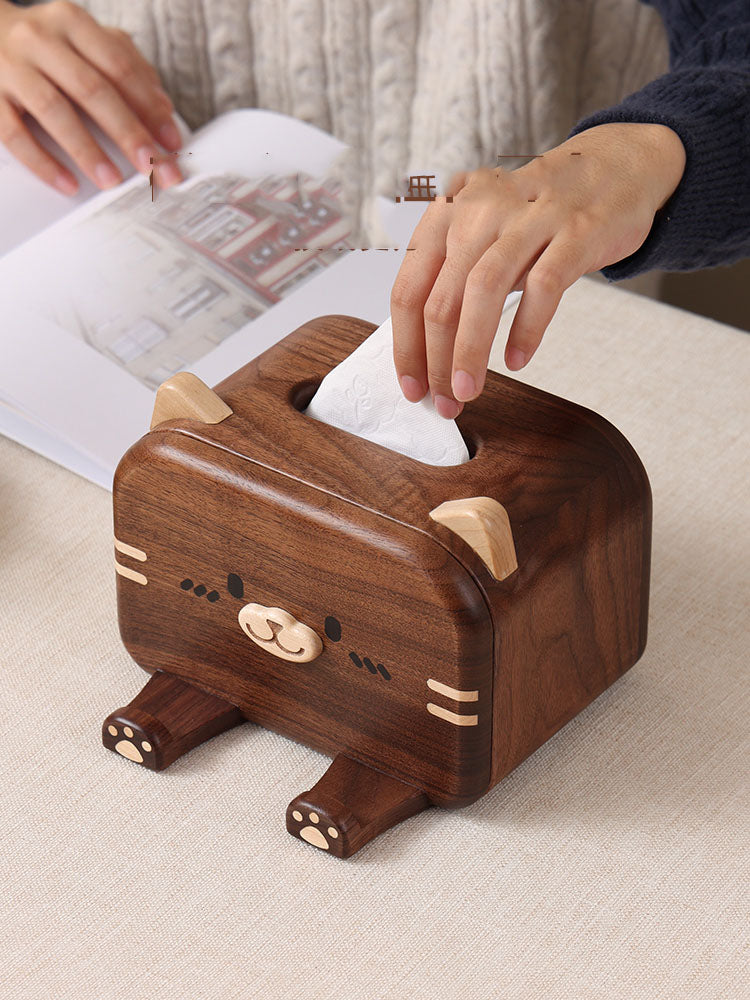 Exquisite Solid Wood Cat Tissue Box With Phone Holder, Creative Home Decoration