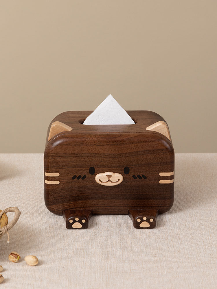 Exquisite Solid Wood Cat Tissue Box With Phone Holder, Creative Home Decoration