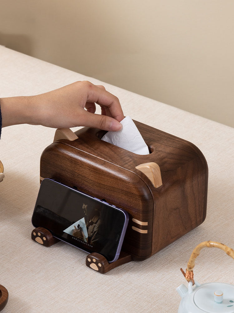 Exquisite Solid Wood Cat Tissue Box With Phone Holder, Creative Home Decoration