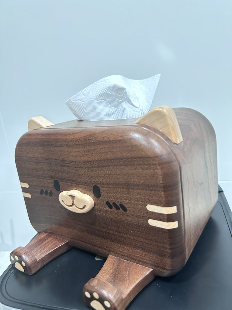 Exquisite Solid Wood Cat Tissue Box With Phone Holder, Creative Home Decoration