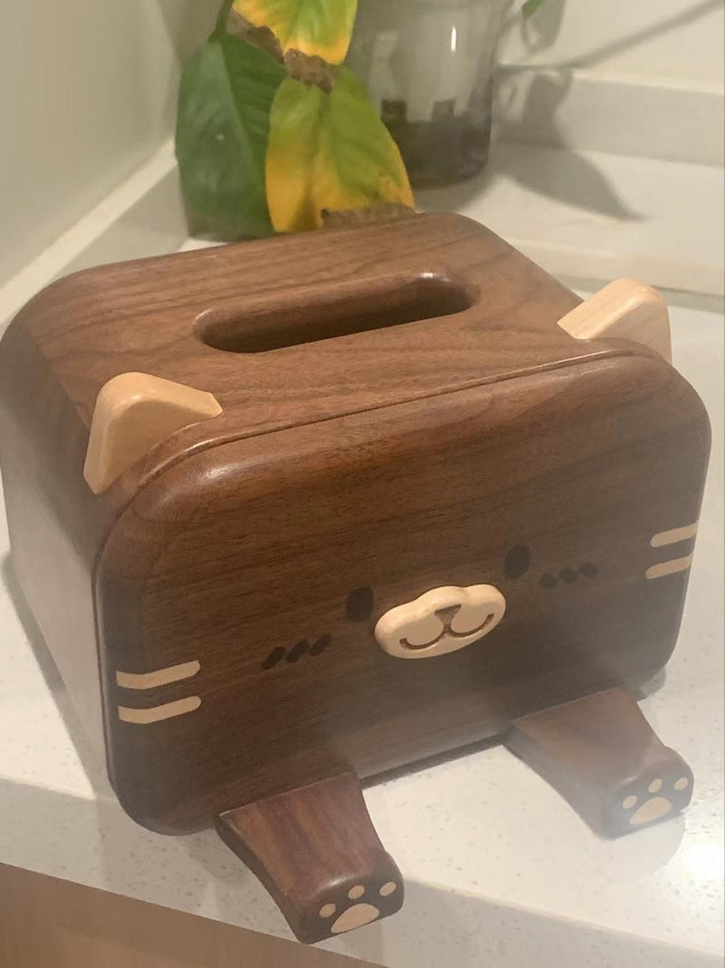 Exquisite Solid Wood Cat Tissue Box With Phone Holder, Creative Home Decoration