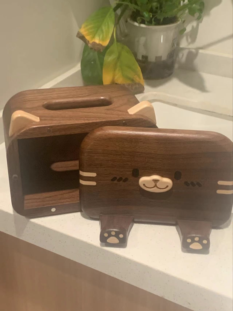 Exquisite Solid Wood Cat Tissue Box With Phone Holder, Creative Home Decoration