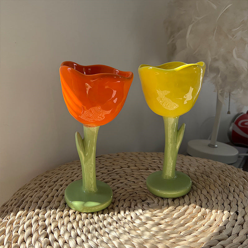 Exquisite Tulip Flower Ceramic Goblet, Wine Glass, Fashionable Home Decoration