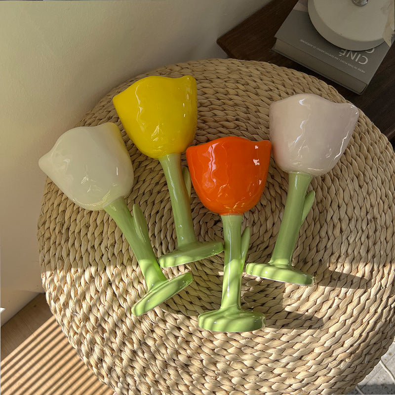 Exquisite Tulip Flower Ceramic Goblet, Wine Glass, Fashionable Home Decoration