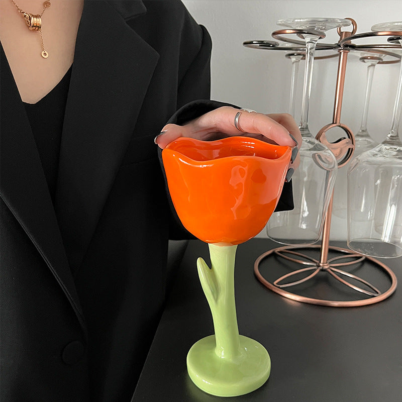 Exquisite Tulip Flower Ceramic Goblet, Wine Glass, Fashionable Home Decoration