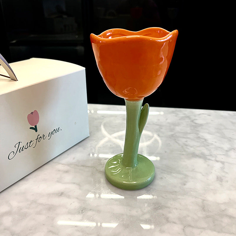 Exquisite Tulip Flower Ceramic Goblet, Wine Glass, Fashionable Home Decoration