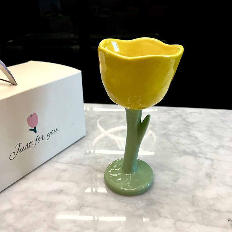 Exquisite Tulip Flower Ceramic Goblet, Wine Glass, Fashionable Home Decoration